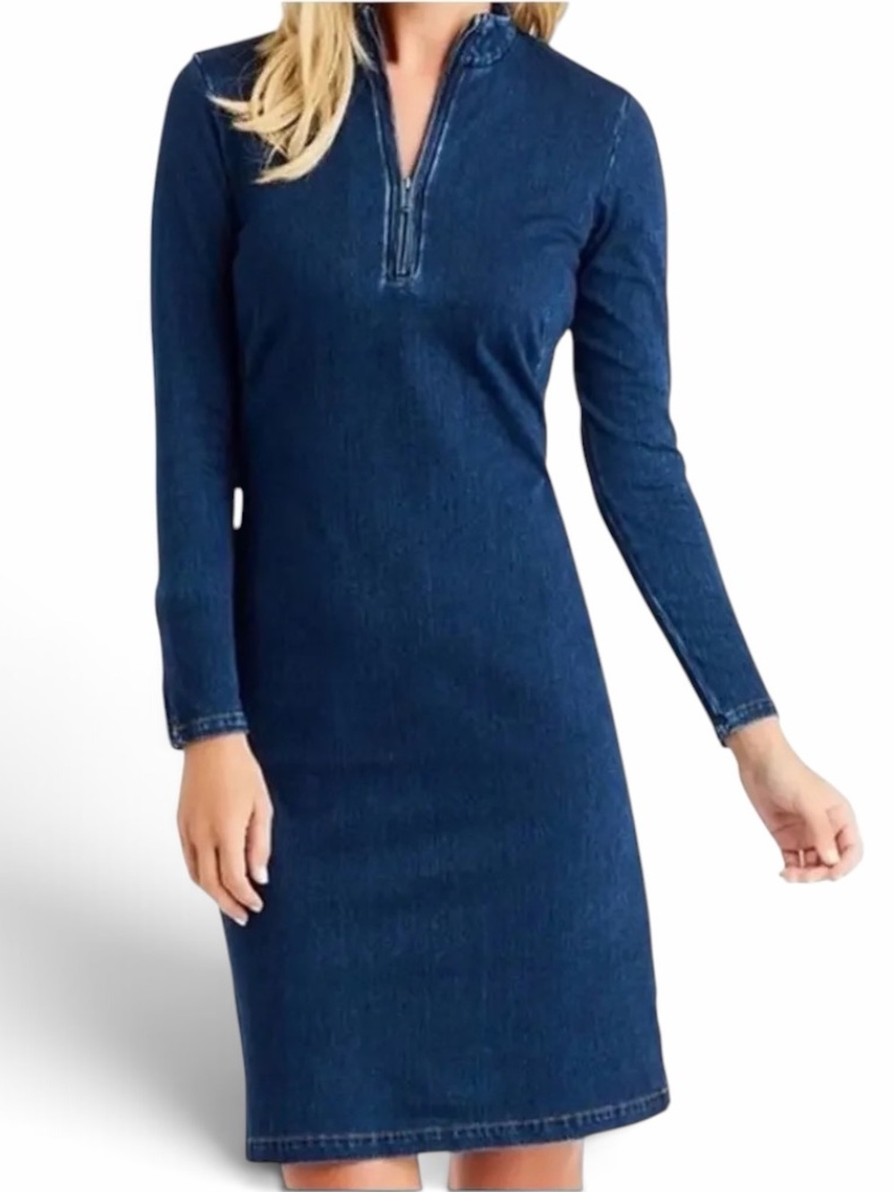 J. McLaughlin Dark Denim Stand Collar 3/4 Sleeve Knit Bedford Denim Dress